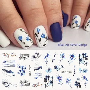 Adesivi per unghie con fiori a inchiostro blu e farfalle, set STZ-978 e STZ-979 di stile giapponese
