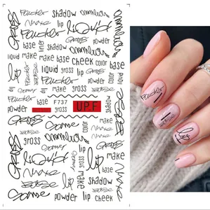 Adesivi per nail art minimalisti con scritte nere e termini di bellezza alla moda
