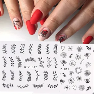 Waterproof nail art stickers featuring black floral vines and heart designs STZ-812 Z-814