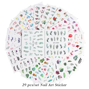 29-piece nail art sticker set featuring tropical leaves, flowers, and butterfly designs