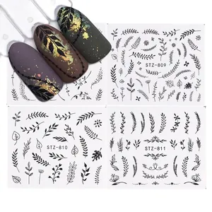 Detailed black floral and leaf nail art water decals STZ-809, STZ-810, STZ-811 sets