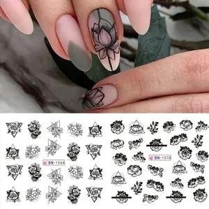 Floral nail water stickers with minimalist black line art flowers and geometric patterns