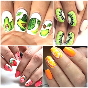 Détail de stickers nail art aux motifs de fruits comme l'avocat la fraise et les agrumes