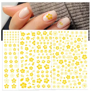 Set of 4 yellow cherry blossom 3D nail stickers with floral patterns for nail art decoration