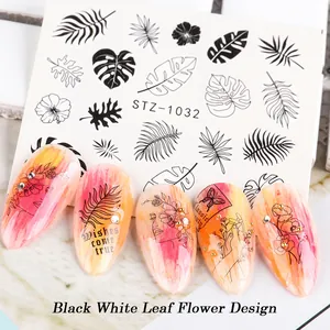 Water slide nail art stickers STZ-1032 with tropical leaves and minimalist face outlines