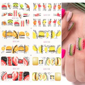 Vue détaillée de 6 planches de stickers nail art aux motifs pastèque et citron frais