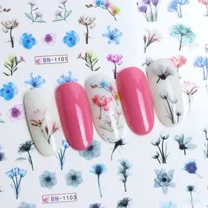 Dreamy colorful floral nail water sliders with blue and pink flowers for nail art