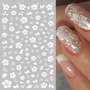 Detail of F725 3D self-adhesive nail sticker with white floral and leaf patterns