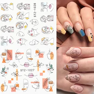 Detailed view of STZ series minimalist line art nail stickers with abstract face designs