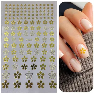 Macro detail of golden cherry blossom 3D nail stickers with F724 floral pattern
