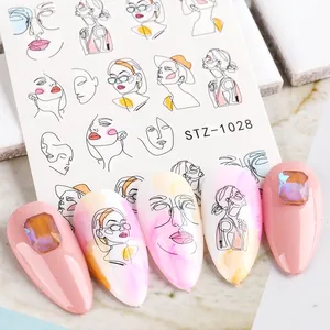 Abstract Face Line Art Nail Stickers Minimalist Geometric Animal Botanical Floral Water Transfer Decals For Women Manicure Decor