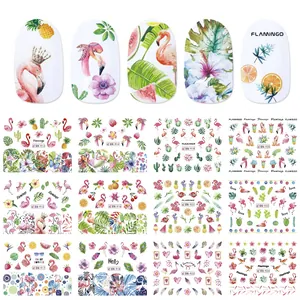 Detalle de 12 hojas de pegatinas para uñas con motivos tropicales de flamencos y flores