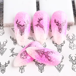 Pink and white gradient nail stickers with minimalist black geometric elk patterns