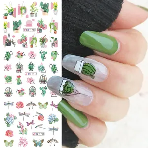 Floral and botanical nail art stickers with watercolor cactus and butterfly designs