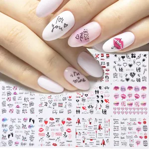 Detail of red lips and butterfly nail art stickers with elegant script text decals