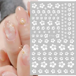 3D self-adhesive white floral nail stickers with model F726 and pearl decor effects