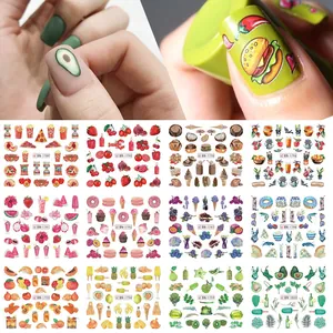 Selection of nail stickers with fruit and food patterns and detailed application view