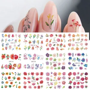 Detailed close-up of 12 floral nail art sticker patterns including roses and tulips