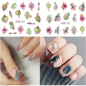 Detailed watercolor floral nail art stickers showing BN-1753 and BN-1754 leaf designs