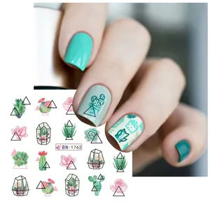 Detail view of BN-1762 nail stickers featuring succulent plants and cacti patterns
