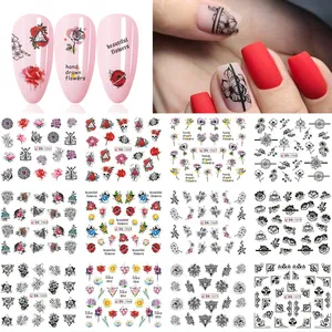 Floral butterfly nail water decals set featuring red roses and geometric designs