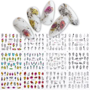 Water transfer nail stickers set with colorful floral, feather and butterfly designs