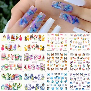 12 sheets of butterfly and floral nail art stickers set with colorful botanical designs