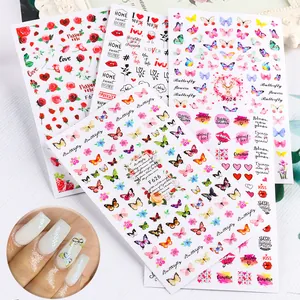 Adesivi per unghie con rose rosse, farfalle e scritte colorate per decorazioni creative