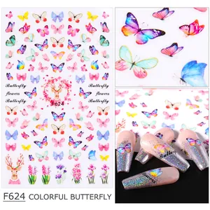 Dettagli degli adesivi per unghie F624 con motivi di farfalle colorate e fiori vivaci