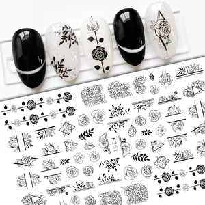 Detail of F751 nail stickers featuring black and white rose floral line art designs
