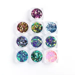 10-piece set of laser hexagonal nail sequins in colorful chameleon metallic jars