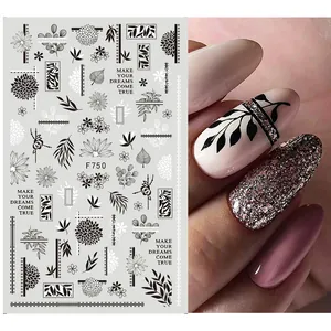 Black and white butterfly floral 3D nail art stickers with punk letter design style