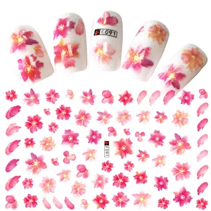 Detail view of 3D cherry blossom nail stickers in pink and red with model F091