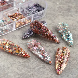 Detailed view of 12-grid nail art glitter set with irregular laser sequins on almond tips