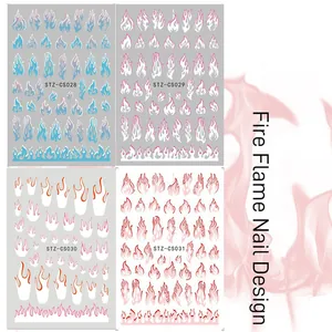 Adesivi per unghie 3D con fiamme colorate in blu, rosa e rosso per manicure alla moda