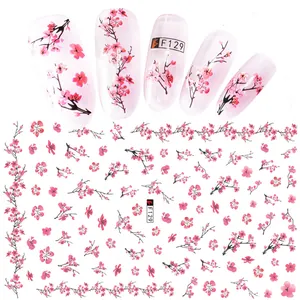 3D cherry blossom nail stickers featuring pink floral designs and cherry branch patterns