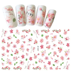 F197 3D self-adhesive nail art stickers with pink floral and green leaf patterns