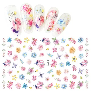 Detail of F198 3D nail stickers with colorful floral patterns and hot air balloon designs