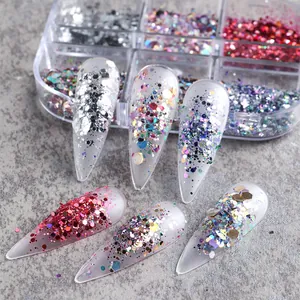 Detailed macro view of assorted iridescent nail glitter sequins in 6-grid storage box