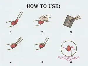 Six-step visual guide for applying 3D floral nail stickers with tweezers and top coat