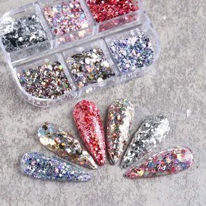 Macro view of 6-grid iridescent nail glitter set with laser star and heart sequins