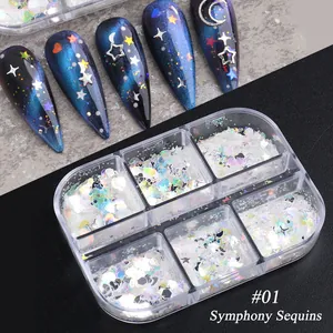 Irregular heart and star shape iridescent nail sequins in a 6-grid storage box