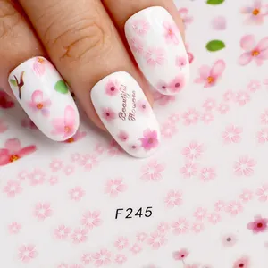 3D self-adhesive nail art stickers with pink floral cherry blossom and leaf designs