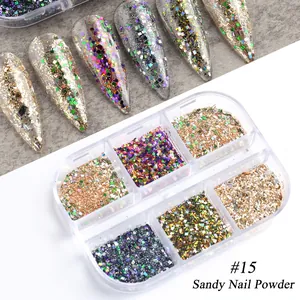 6-Gitter Sandy Nail Powder Set mit bunten Glitzerflocken für professionelles Nageldesign