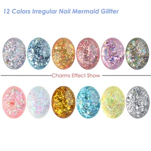 Detailoverzicht van 12 kleuren onregelmatige zeemeermin nagelglitter voor DIY nail art