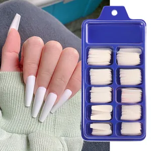 Set di unghie finte bianche opache extra lunghe a ballerina con scatola organizer blu