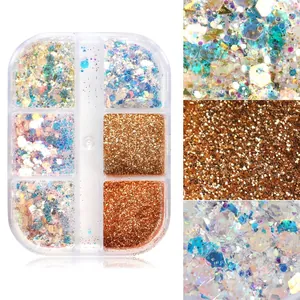 6er-Set Nagelglitzer mit holografischen Pailletten und Goldpuder in transparenter Box
