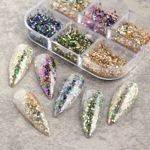 Details von 6-Raster Nagelglitzer-Set mit bunten Pailletten und Muster-Tips