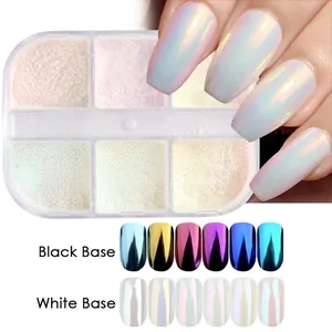 Nahaufnahme von 6-Farben-Nagelpuder mit Aurora-Effekt auf schwarzem und weißem Untergrund