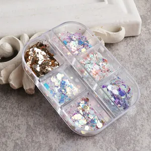 Detailed view of 6-grid nail art glitter set featuring irregular laser sequins and flakes
